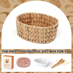 Handwoven bread basket with ceramic plate, hummingbird pattern design, eco water hyacinth, gift box packaging