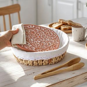 Handwoven bread basket with ceramic plate, Tangcao pattern design, eco water hyacinth, gift box packaging