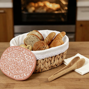 Handwoven bread basket with ceramic plate, Tangcao pattern design, eco water hyacinth, gift box packaging