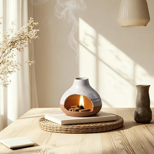 Handcrafted ceramic Palo Santo holder with half earth finish and dual-tone natural clay design