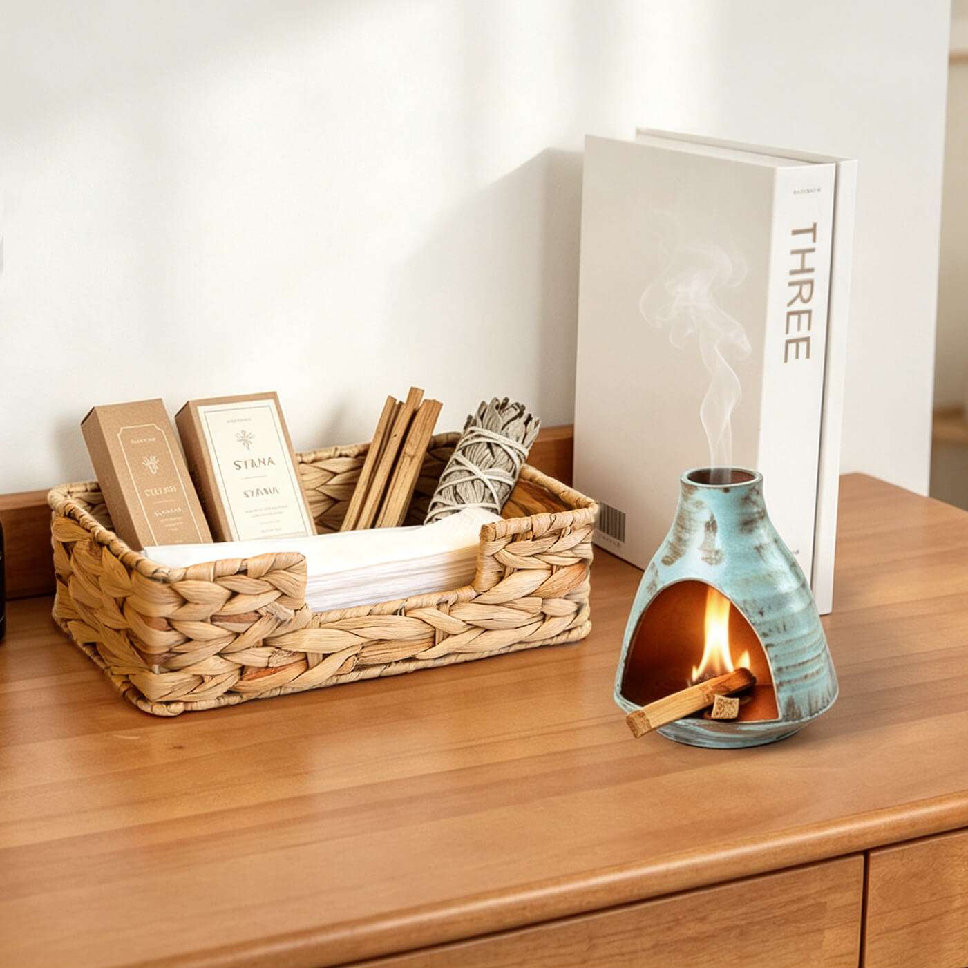 Water hyacinth storage baskets paired with a Palo Santo holder displayed on a tabletop for natural home styling