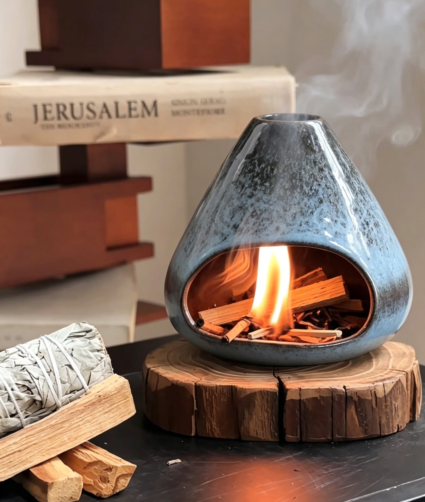 Modern palo santo holder in a calm ritual setting, designed for mindful and intentional living