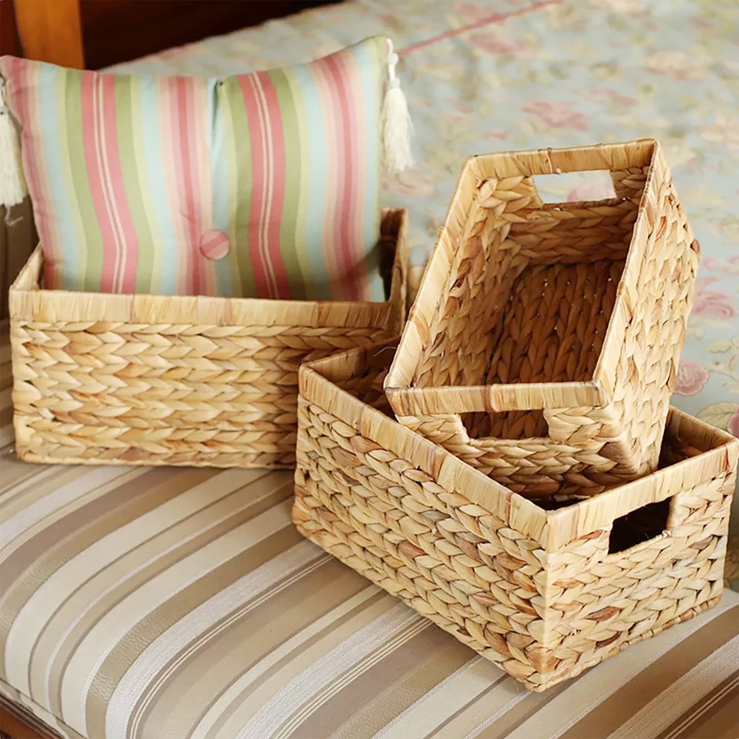 Blog cover image featuring natural storage baskets used for simple, warm, and mindful home organization