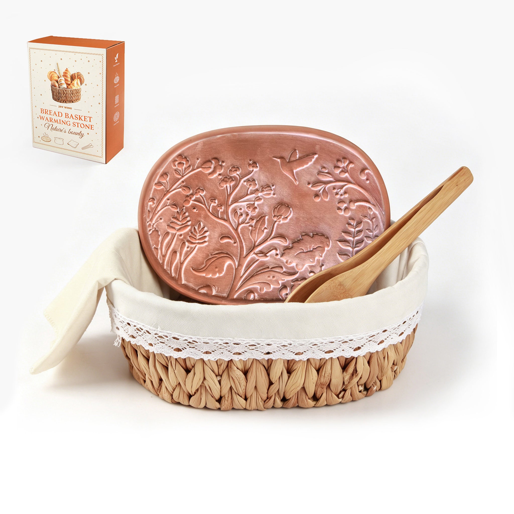 Handwoven bread basket with ceramic plate, hummingbird pattern design, eco water hyacinth, gift box packaging