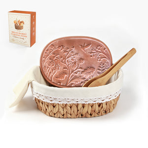 Handwoven bread basket with ceramic plate, hummingbird pattern design, eco water hyacinth, gift box packaging