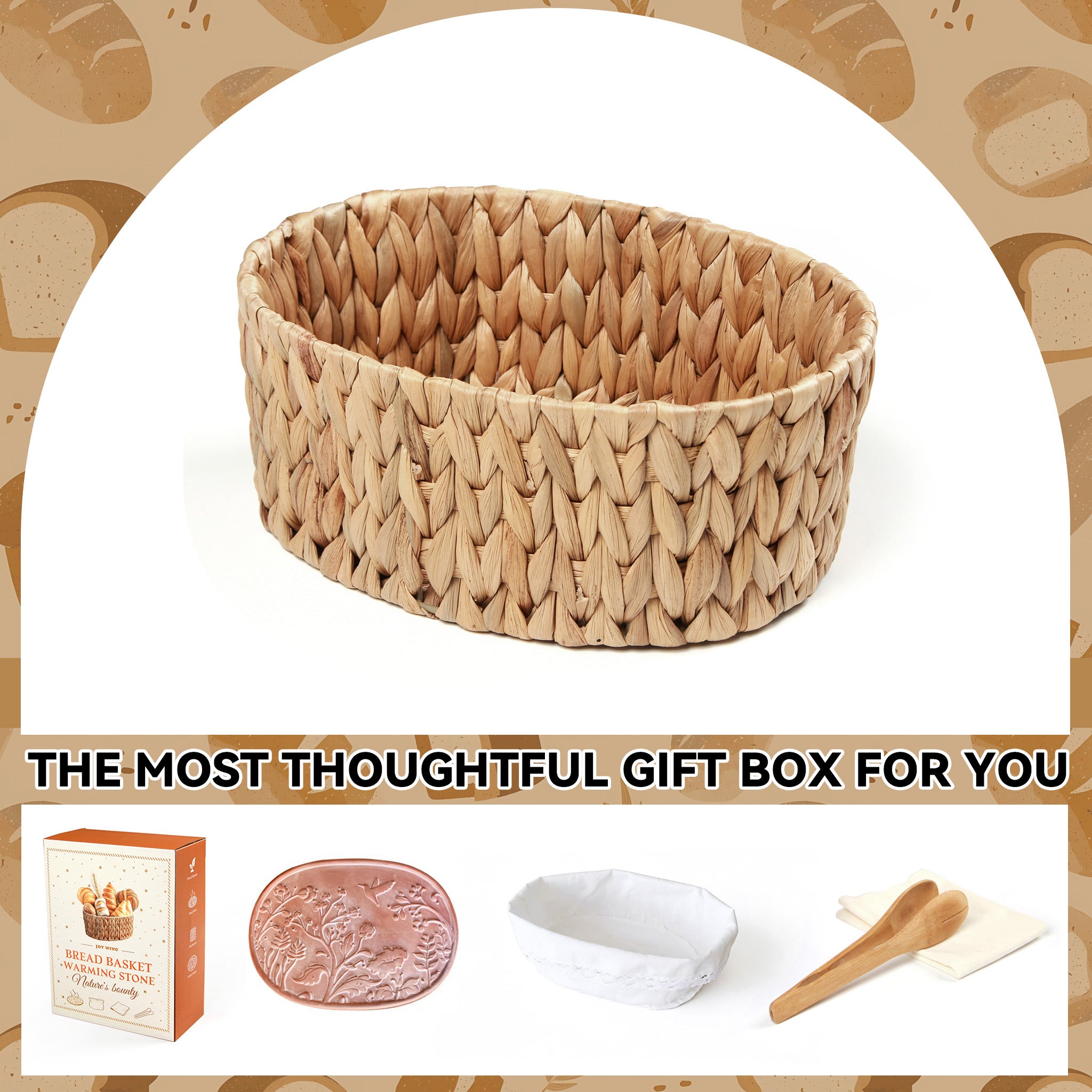 Handwoven bread basket with ceramic plate, hummingbird pattern design, eco water hyacinth, gift box packaging