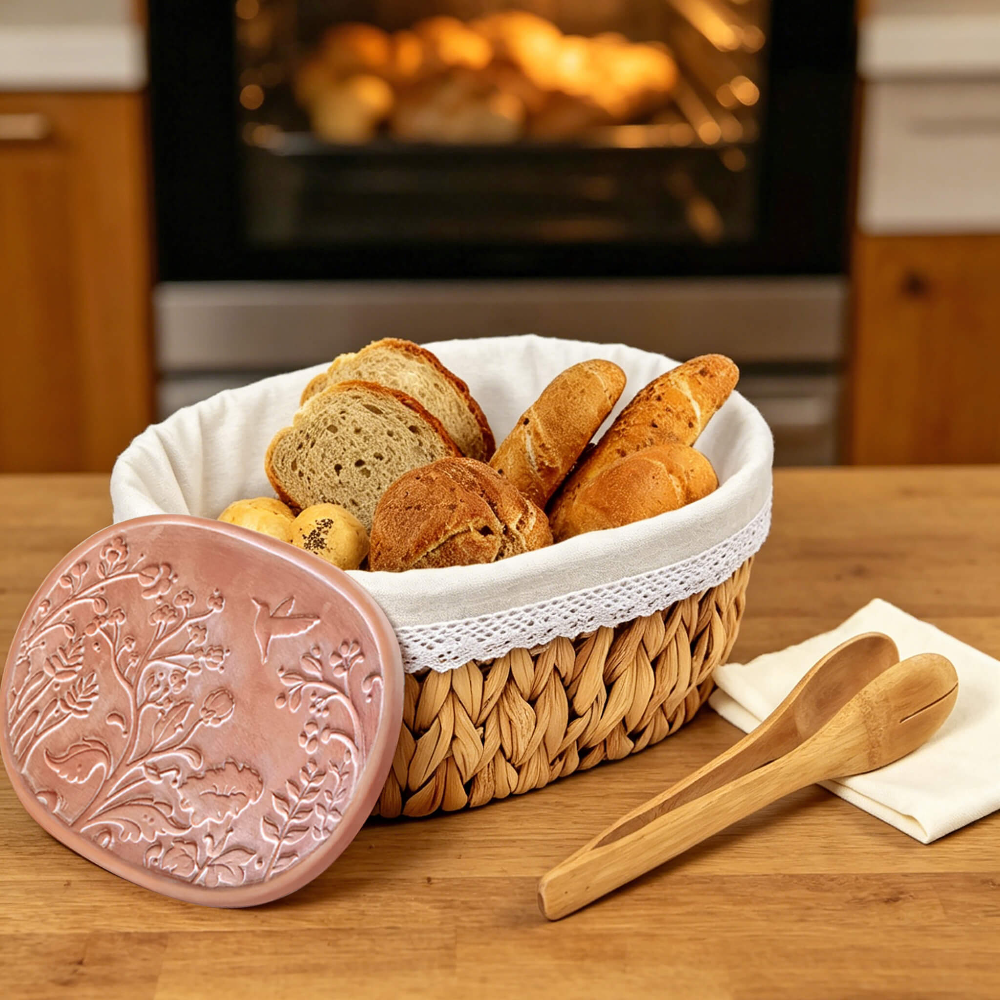 Handwoven bread basket with ceramic plate, hummingbird pattern design, eco water hyacinth, gift box packaging