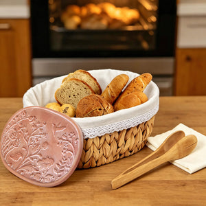 Handwoven bread basket with ceramic plate, hummingbird pattern design, eco water hyacinth, gift box packaging