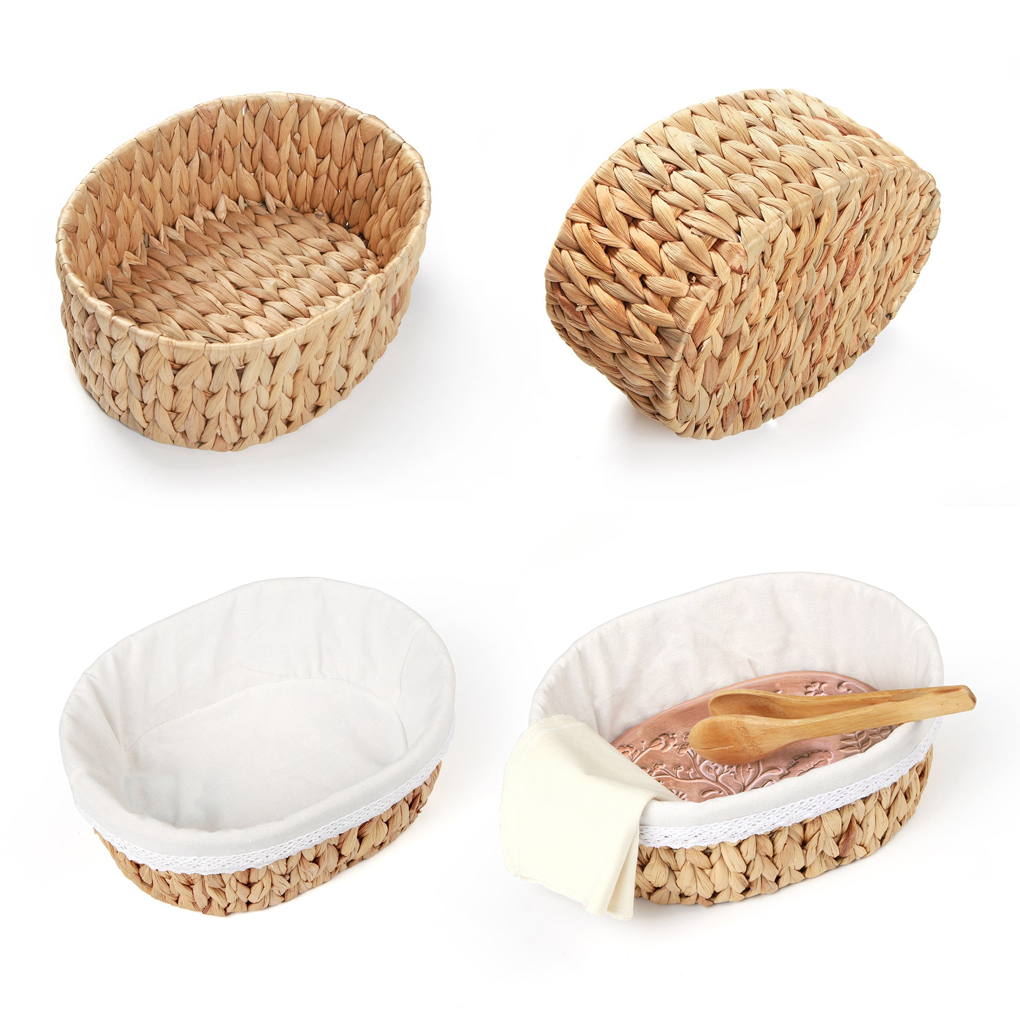 Handwoven bread basket with ceramic plate, hummingbird pattern design, eco water hyacinth, gift box packaging