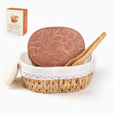 Handwoven bread basket with ceramic plate, lily pattern design, eco water hyacinth, gift box packaging