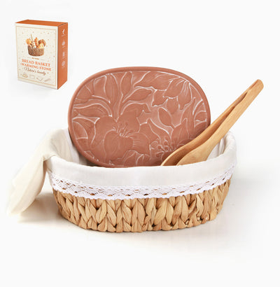 Handwoven bread basket with ceramic plate, lily pattern design, eco water hyacinth, gift box packaging