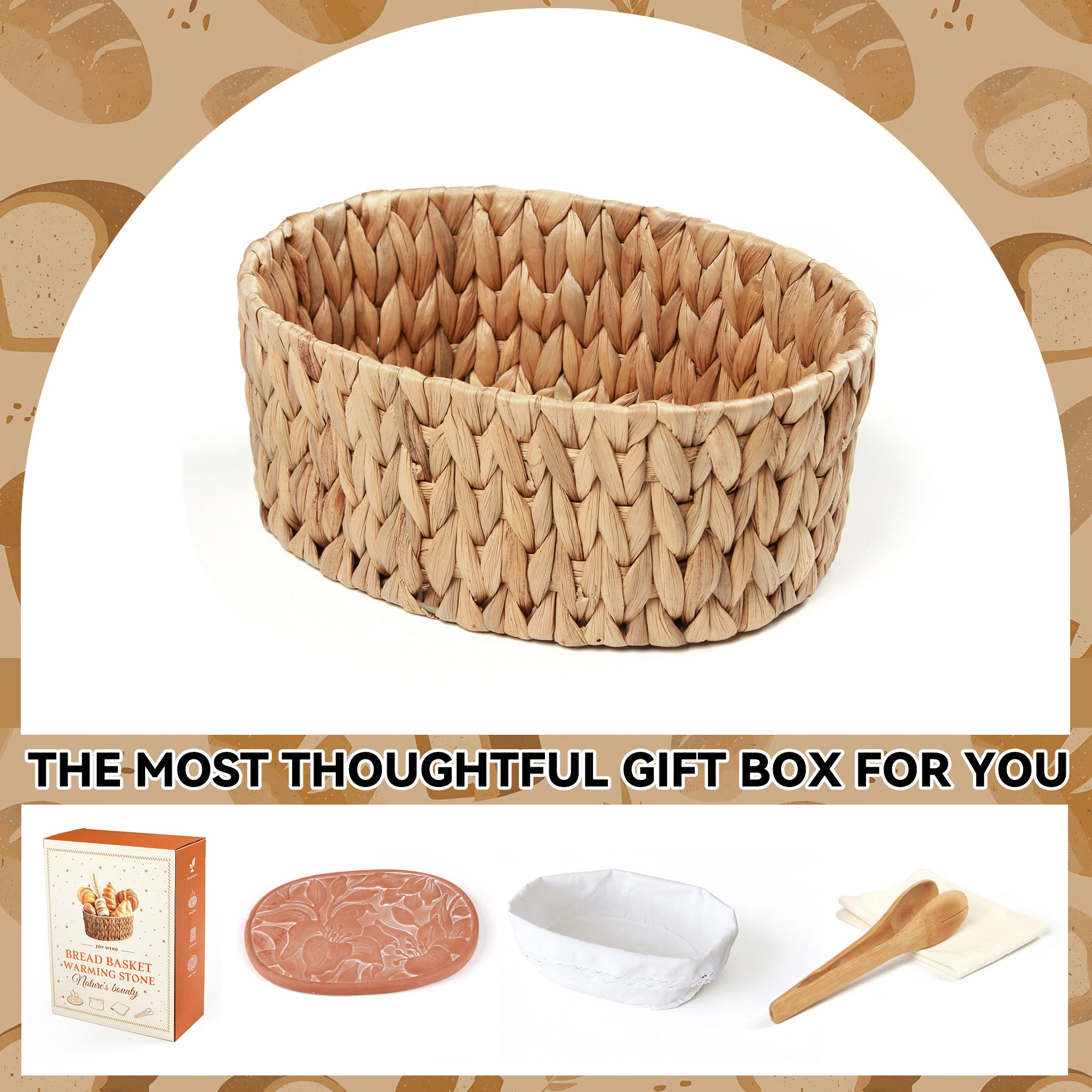 Handwoven bread basket with ceramic plate, lily pattern design, eco water hyacinth, gift box packaging