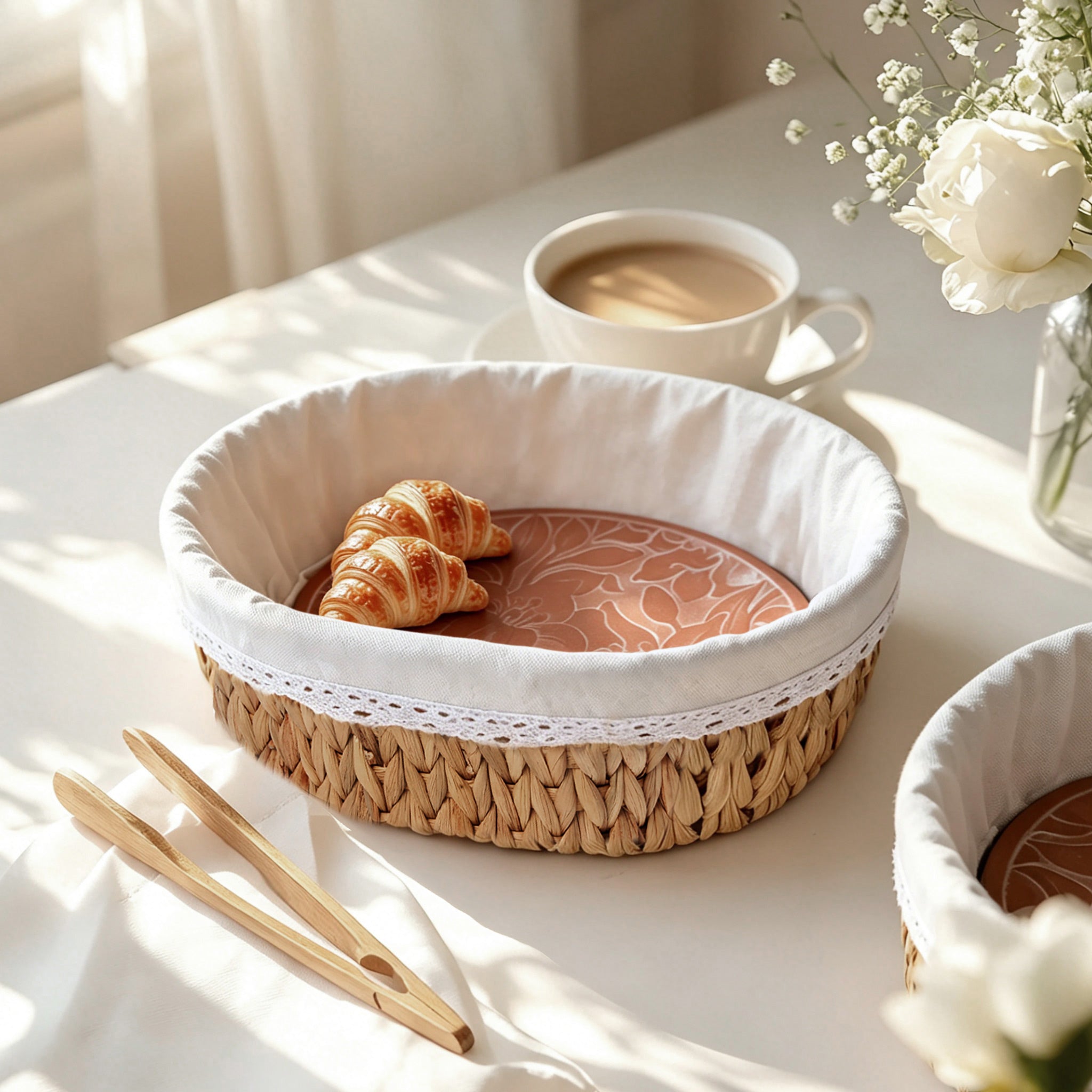 Handwoven bread basket with ceramic plate, lily pattern design, eco water hyacinth, gift box packaging