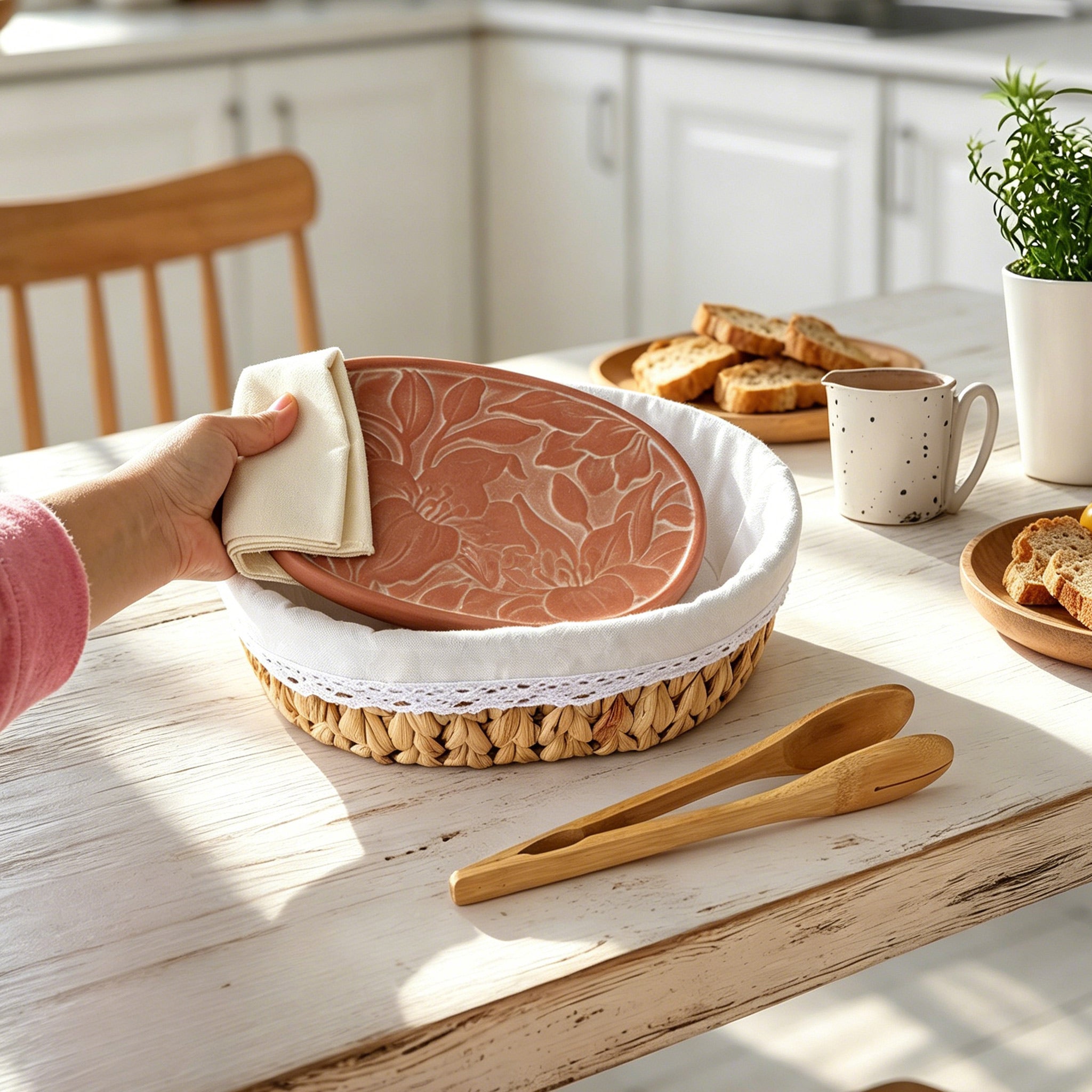 Handwoven bread basket with ceramic plate, lily pattern design, eco water hyacinth, gift box packaging