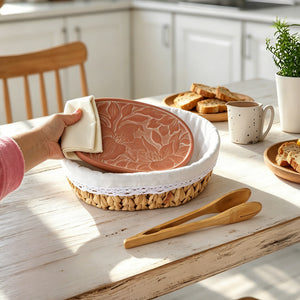 Handwoven bread basket with ceramic plate, lily pattern design, eco water hyacinth, gift box packaging