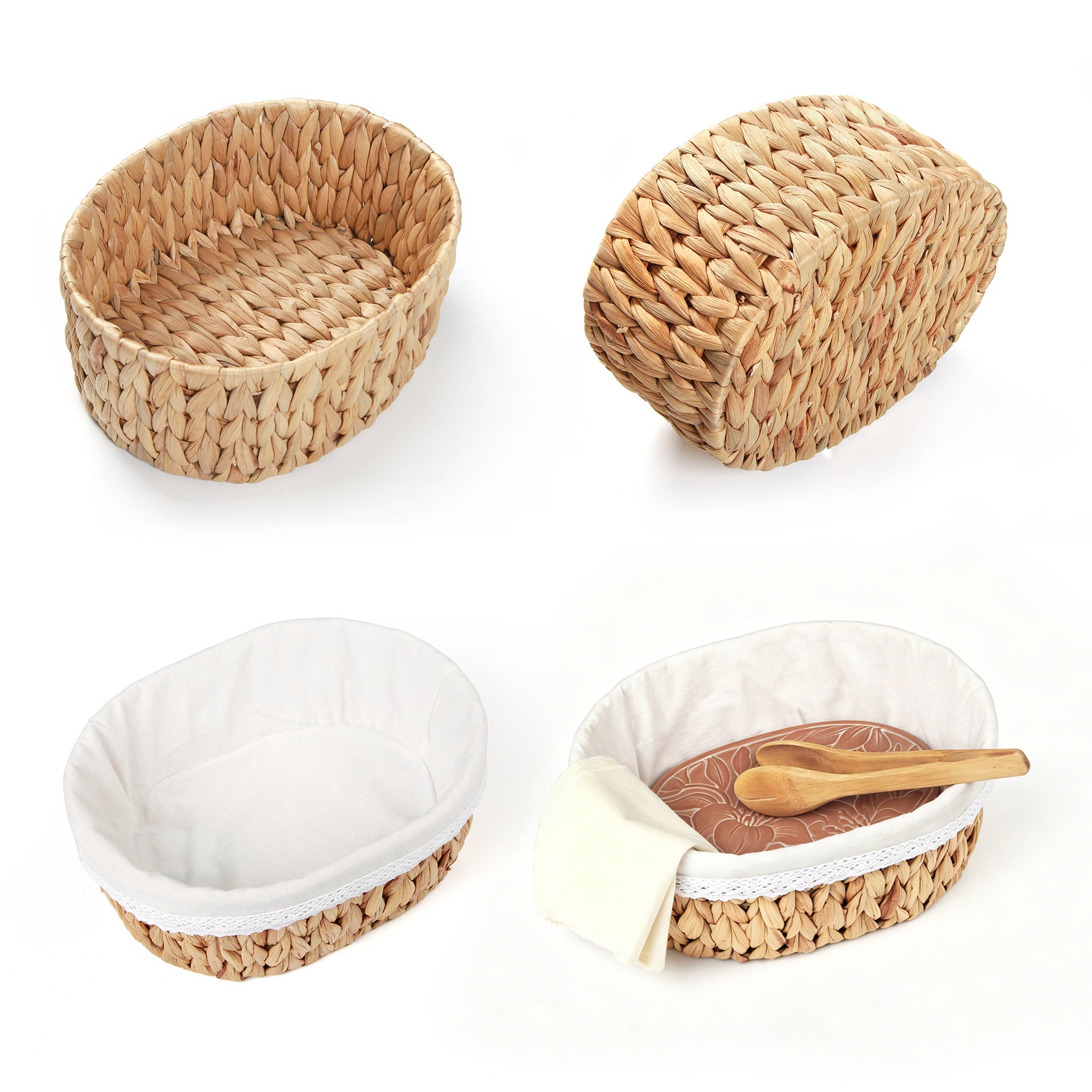Handwoven bread basket with ceramic plate, lily pattern design, eco water hyacinth, gift box packaging