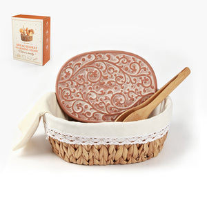 Handwoven bread basket with ceramic plate, Tangcao pattern design, eco water hyacinth, gift box packaging