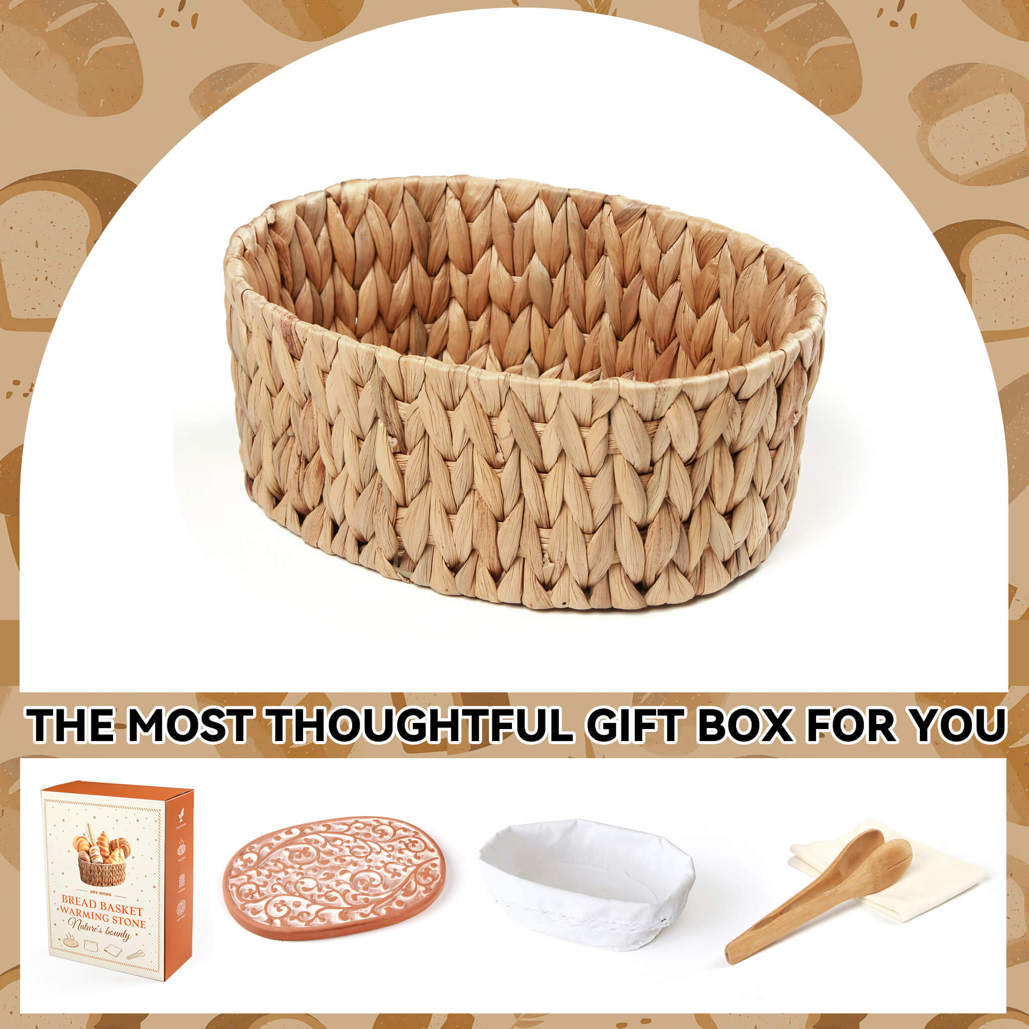 Handwoven bread basket with ceramic plate, Tangcao pattern design, eco water hyacinth, gift box packaging