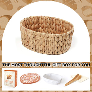Handwoven bread basket with ceramic plate, Tangcao pattern design, eco water hyacinth, gift box packaging