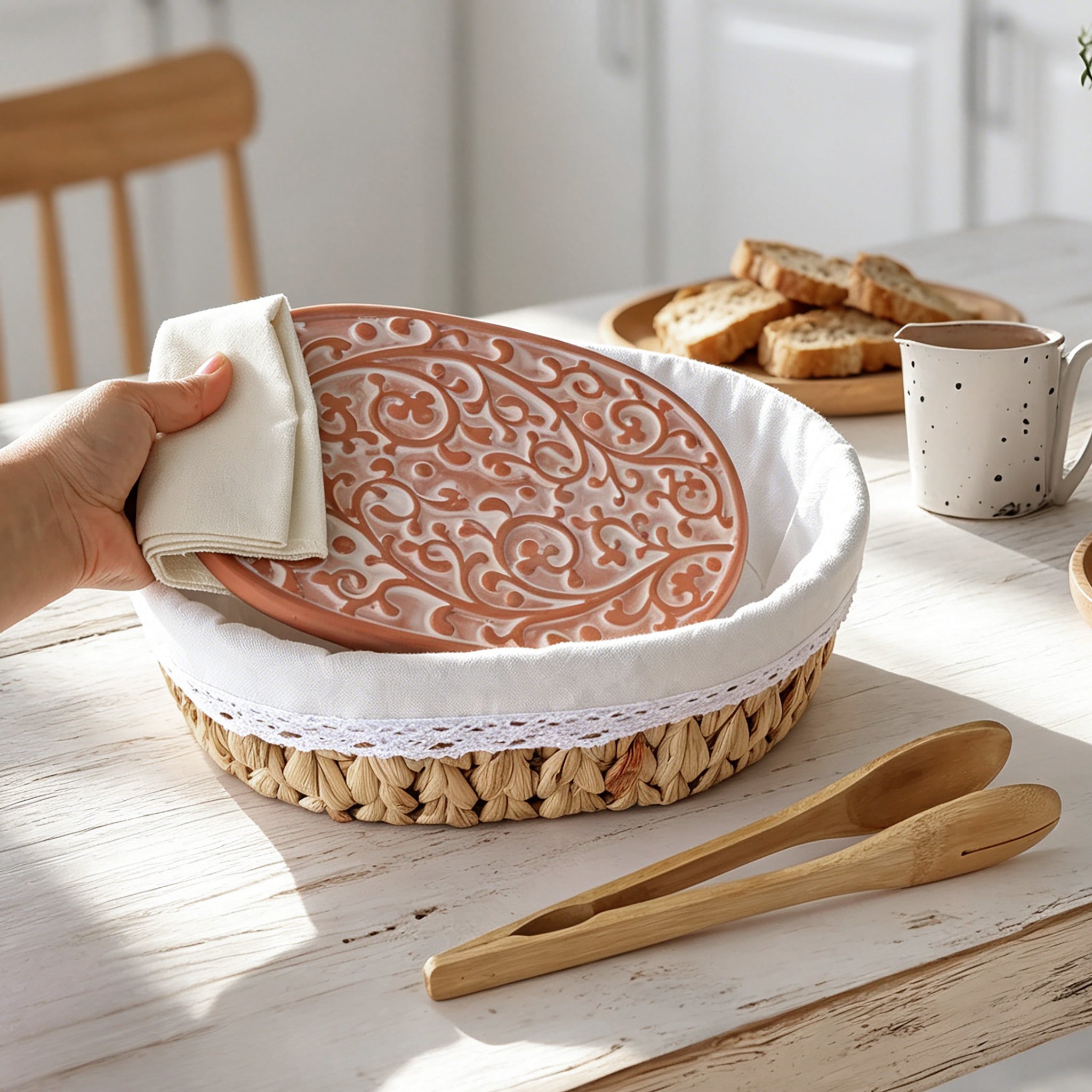 Handwoven bread basket with ceramic plate, Tangcao pattern design, eco water hyacinth, gift box packaging