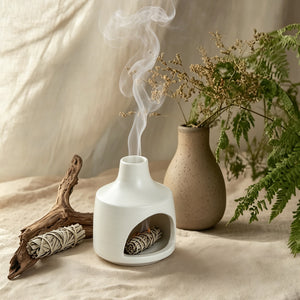 Handcrafted ceramic Palo Santo holder with blank finish made from authentic clay