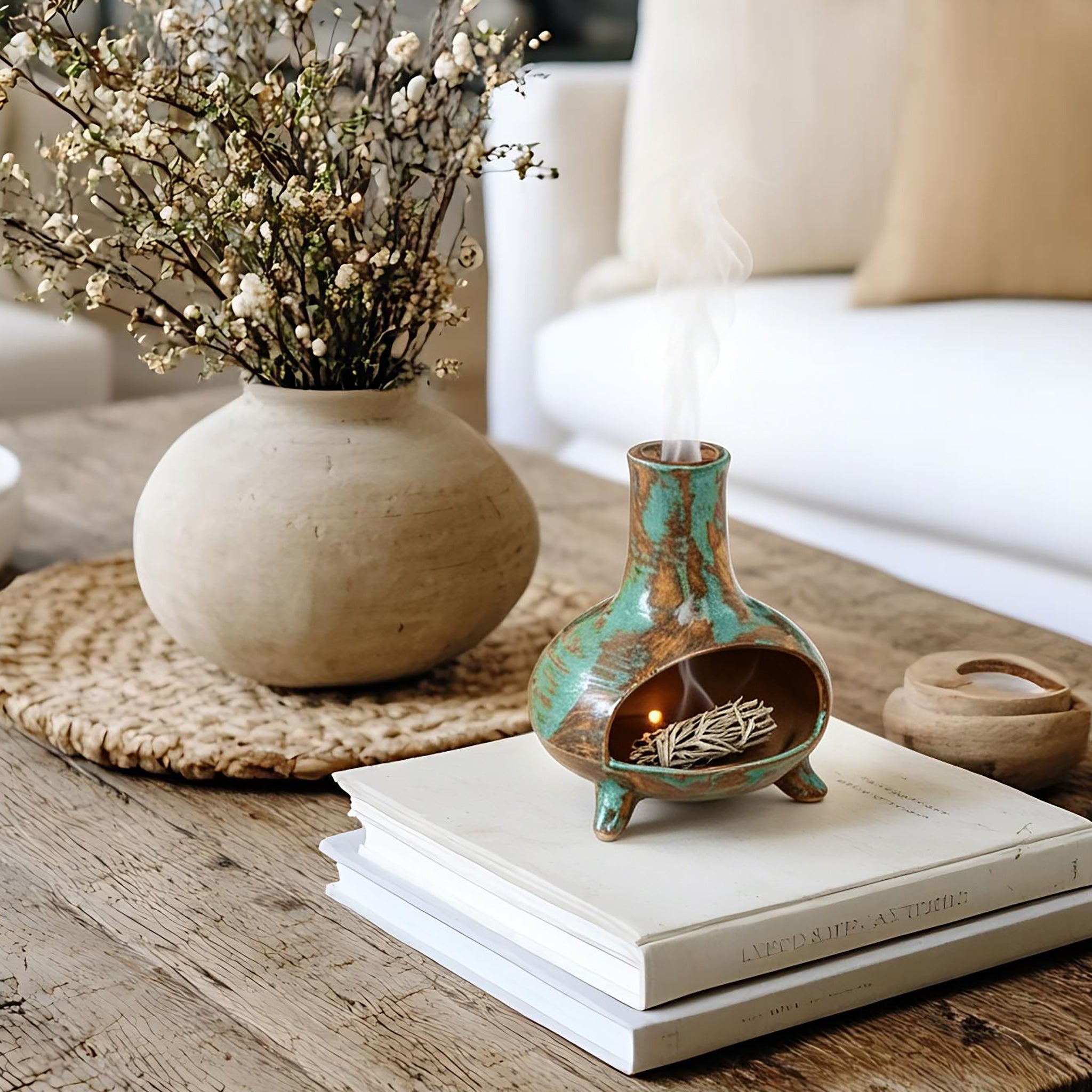 Handcrafted ceramic Palo Santo holder with patina finish made from authentic clay