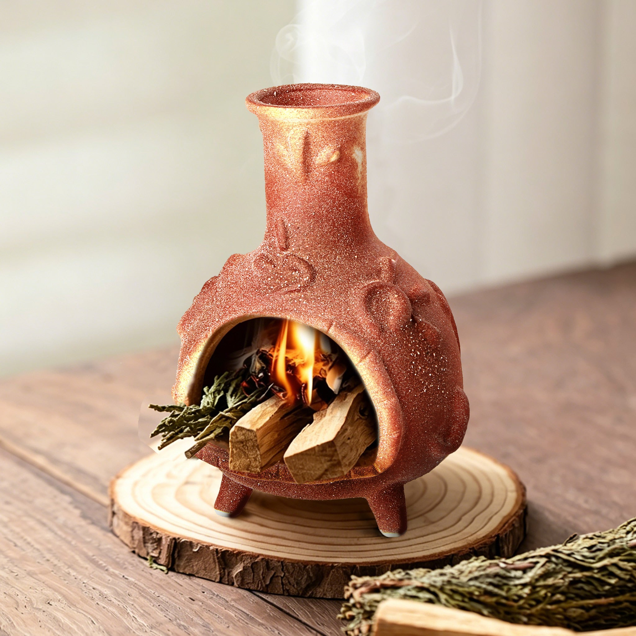 Handcrafted ceramic Palo Santo holder with ruddy clay finish made from authentic clay