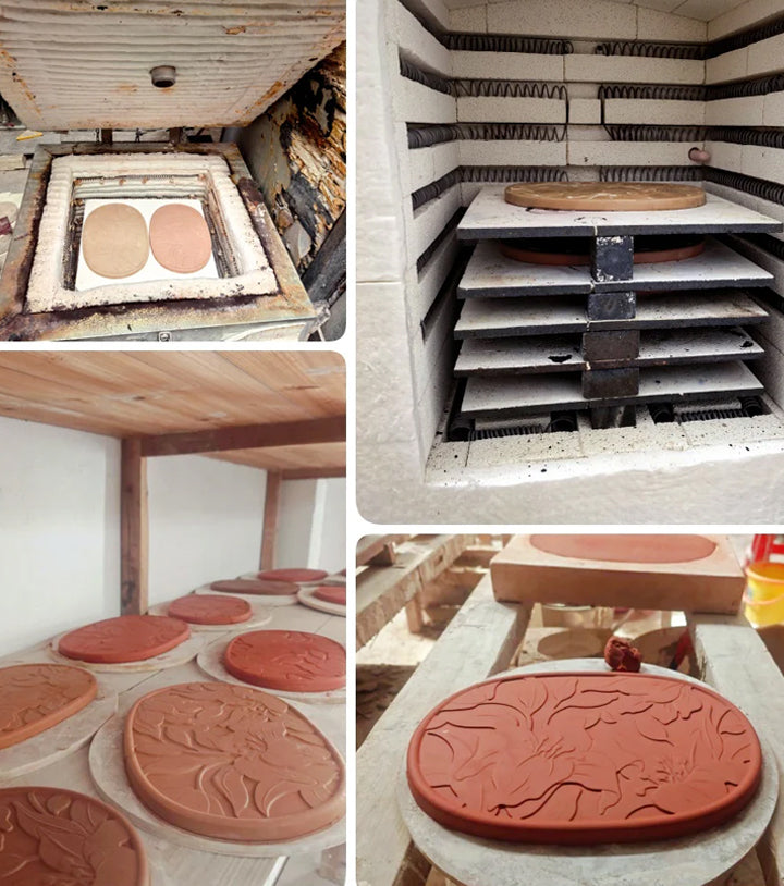 Ceramic bread basket base production process including shaping, kiln firing, and glazing