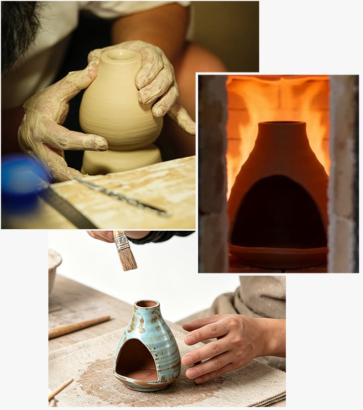 Ceramic Palo Santo holder crafting process showing shaping, firing, and finishing for ritual use