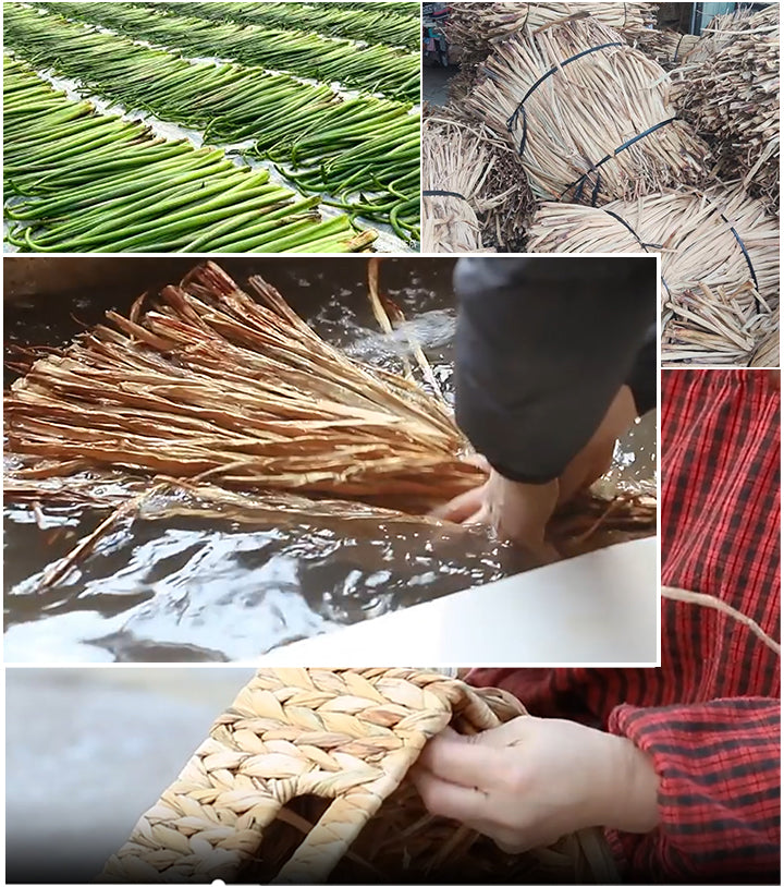 Water hyacinth weaving process showing drying, preparation, and handwoven craftsmanship steps
