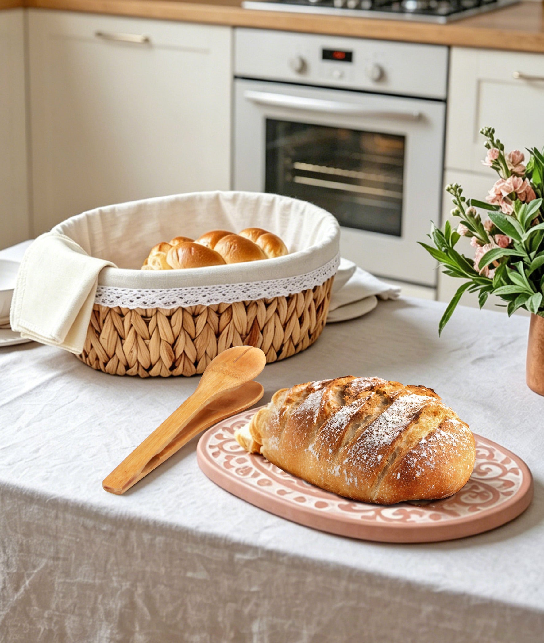 Handwoven bread baskets styled in a warm dining scene, highlighting natural textures and simple beauty